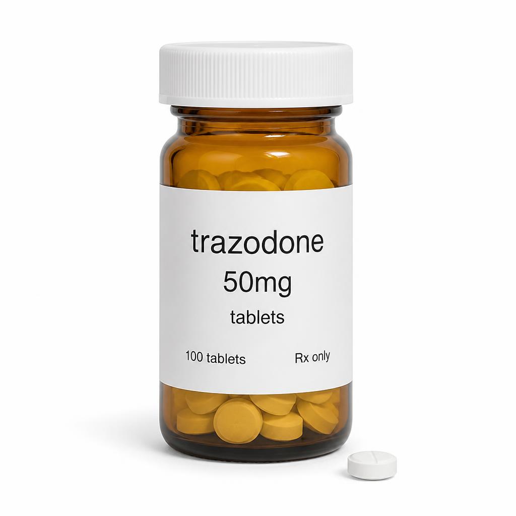 Trazodone 50 mg generic prescription bottle on a US pharmacy counter with water glass