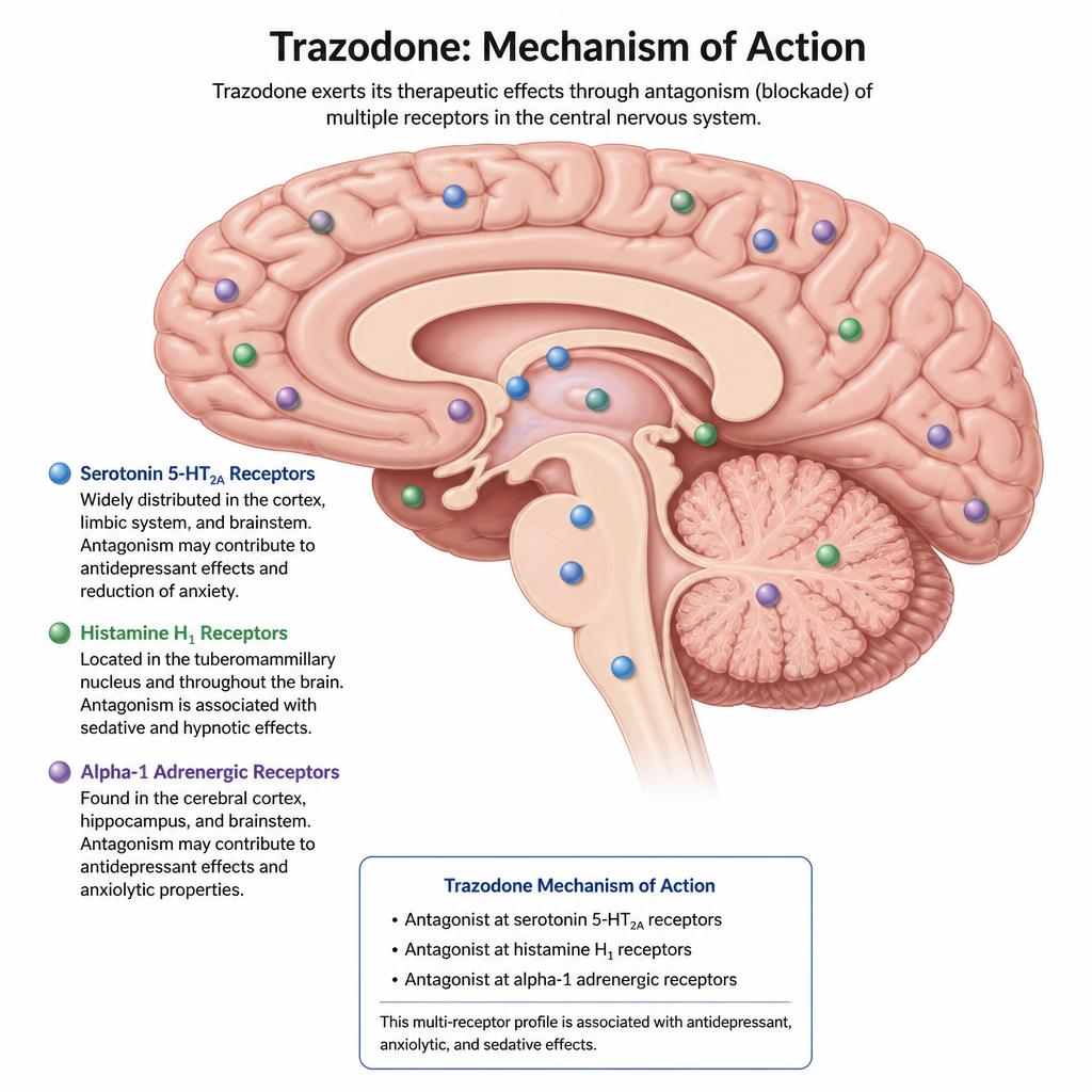 Medical brain schematic showing serotonin 5-HT2A receptors, histamine H1 receptors, and alpha-1 adrenergic receptor sites targeted by Trazodone