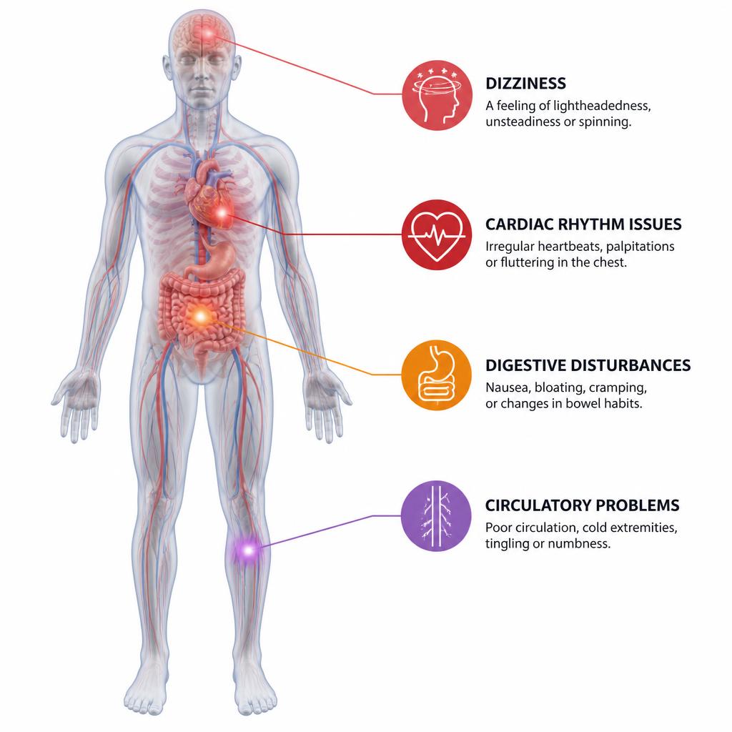 Medical infographic showing common Trazodone side effects mapped to a human body silhouette including dizziness, cardiac rhythm issues, digestive disturbances, and circulatory problems