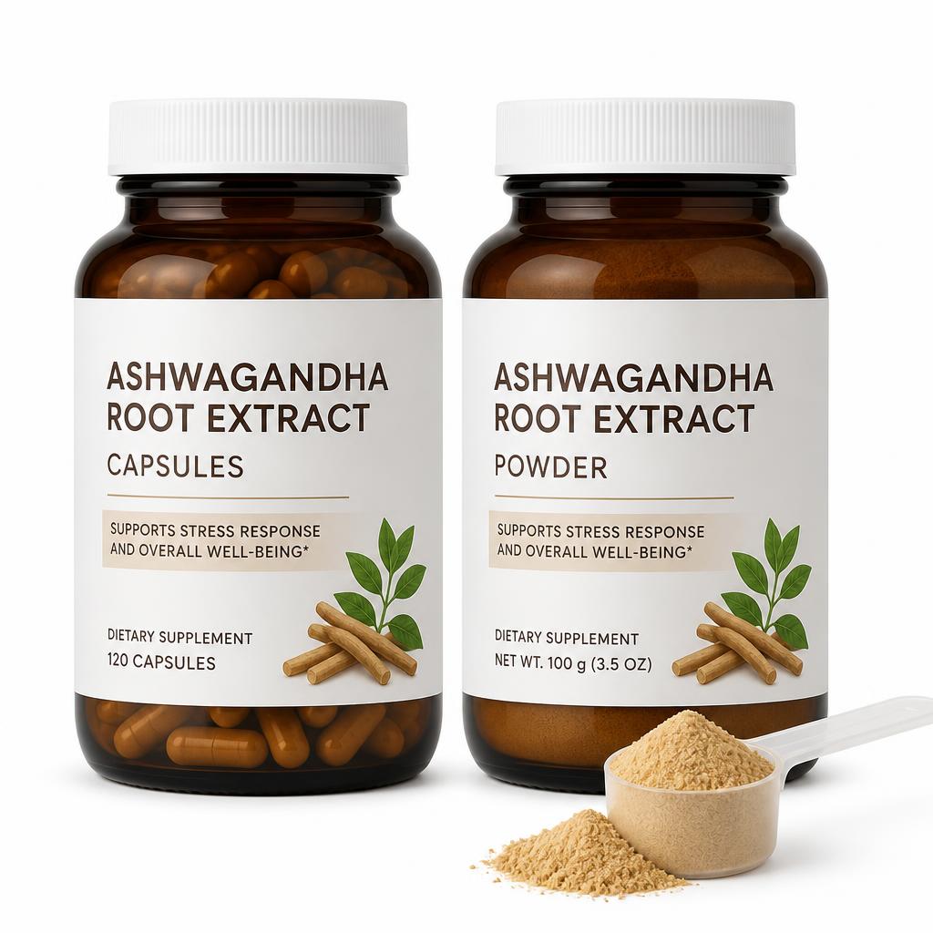 Ashwagandha KSM-66 root extract capsules and powder