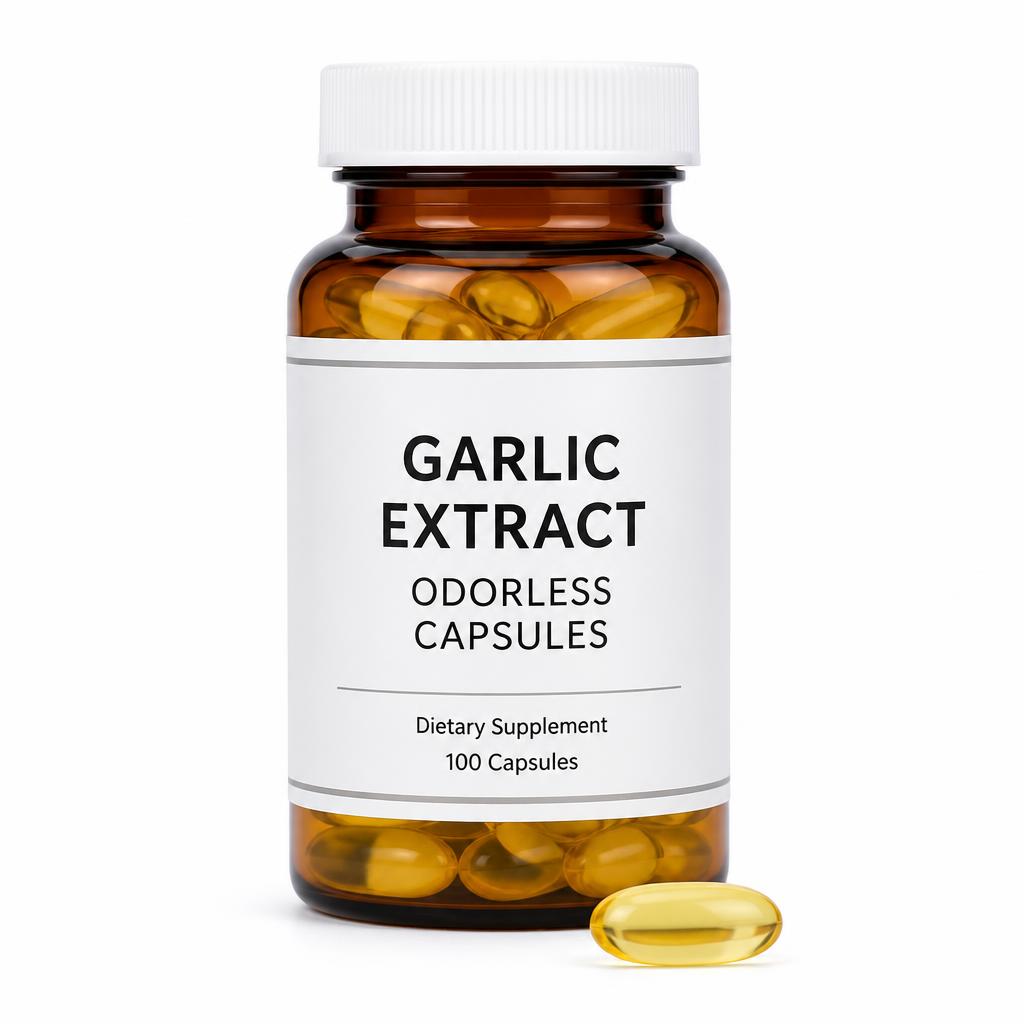 Garlic extract odorless capsules bottle and softgels