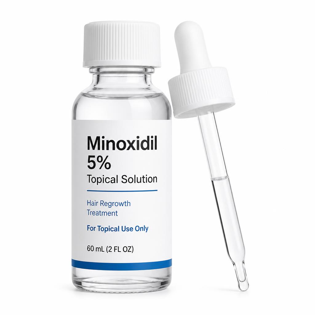 Minoxidil 5% topical solution bottle with dropper applicator