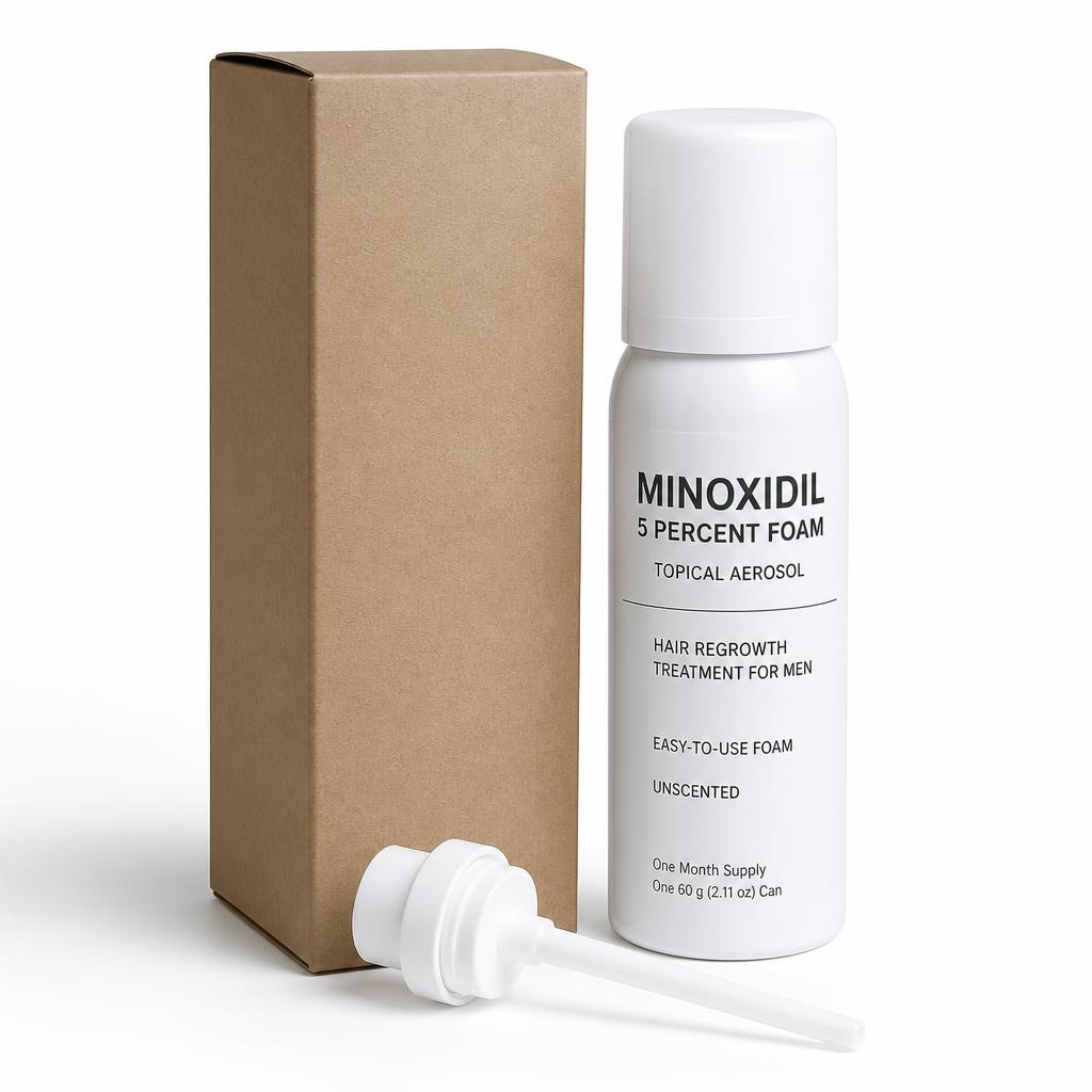 Rogaine 5% minoxidil foam box and applicator